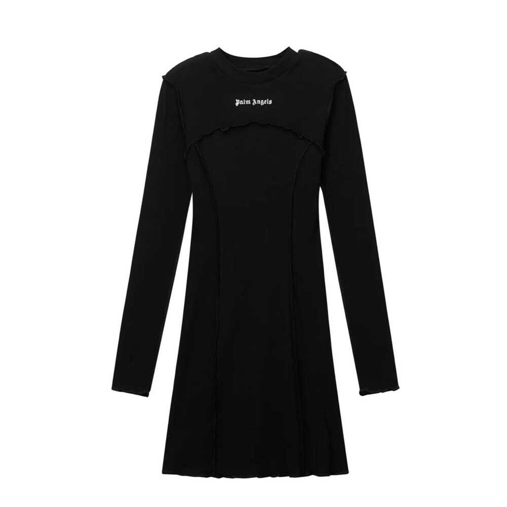 Palm Angels ribbed Rib L/S mini Black Logo Dress NWT XS Retail: $800